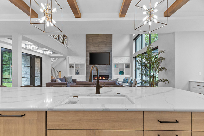Kitchen counter top with view of living room